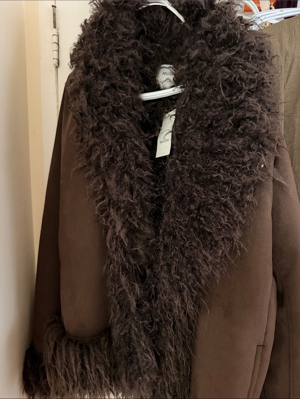 Hollister Dark Brown Teddy Shearling Trim Coat